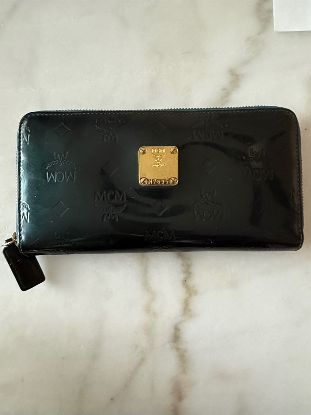 MCM Black Patent Leather Zip Wallet with Gold Plaque